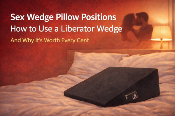 Black sex wedge pillow on a bed in a softly lit bedroom, with a blurred couple kissing in the background