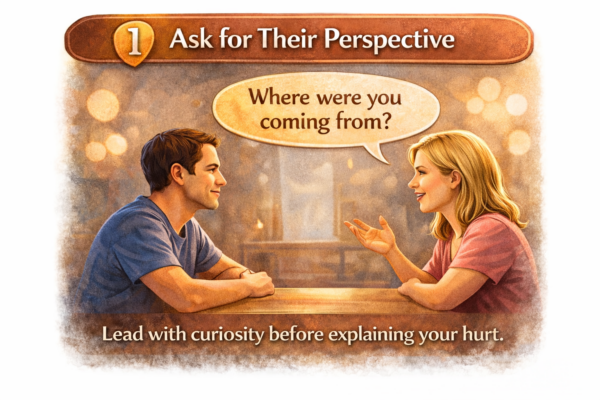 Husband and wife sitting across a table having a calm conversation, with the wife asking “Where were you coming from?” illustrating curiosity in communication.