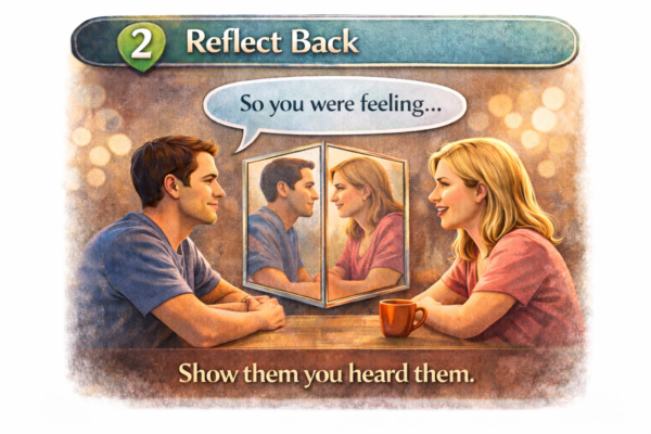 Husband reflecting his wife’s feelings back to her during a calm conversation, demonstrating active listening and emotional understanding.
