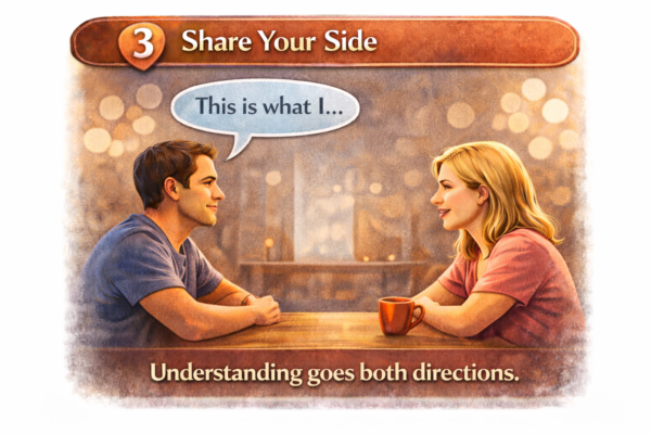 Husband explaining his perspective during a respectful conversation with his wife, showing that both partners’ experiences matter in communication.