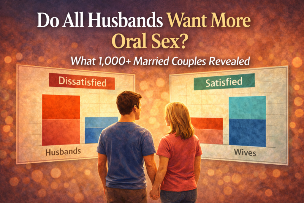 A couple holds hands while looking at two charts showing oral sex satisfaction data — husbands skewing dissatisfied on the left, wives skewing satisfied on the right. Text reads: Do All Husbands Want More Oral Sex? What 1,000+ Married Couples Revealed.